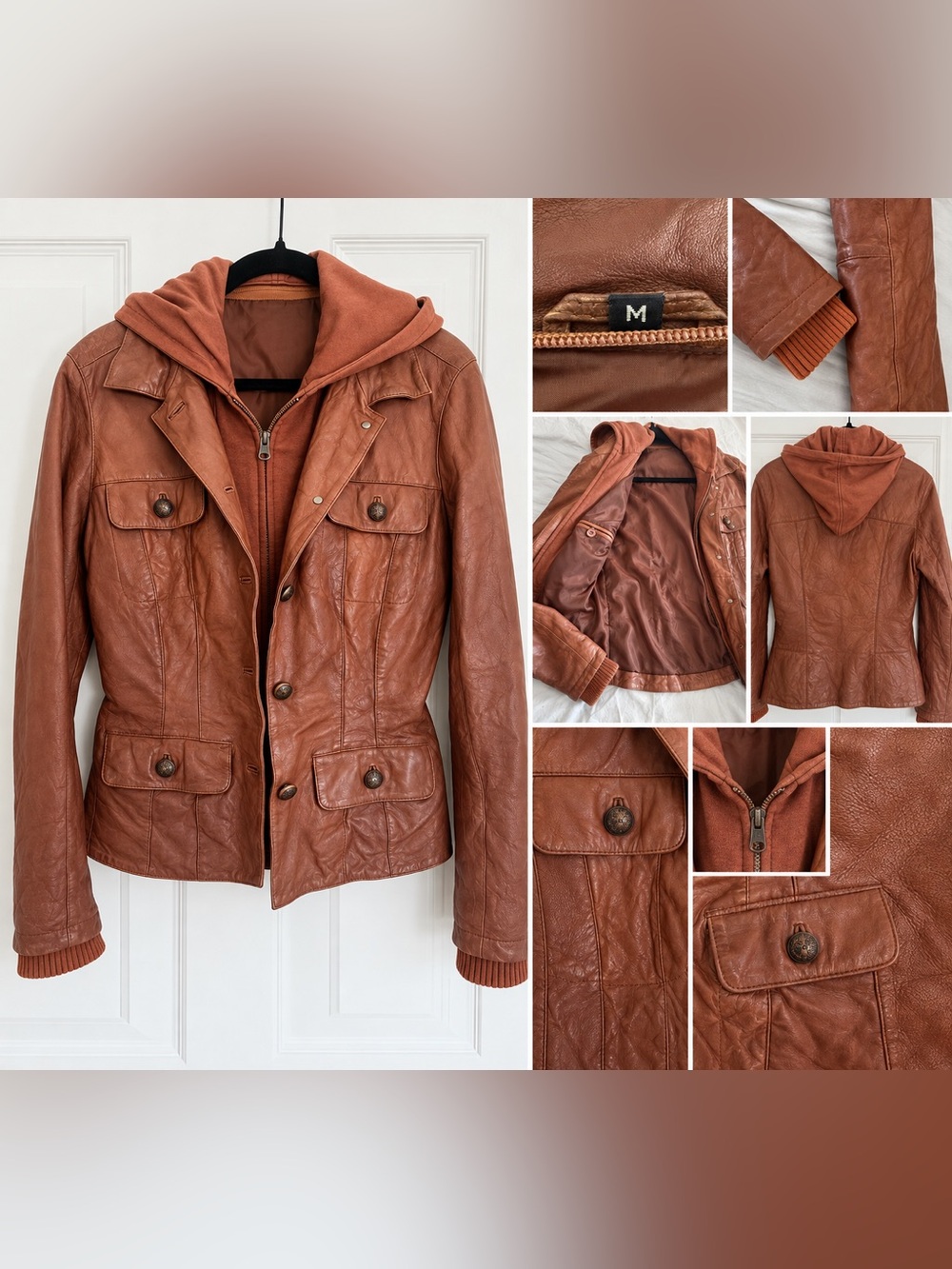 For Joseph Women’s Rich Brown Leather Jacket Detachable Hoodie Utility Size M